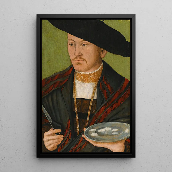 Portrait of a man cutting shells with a fish knife - German School — framed artwork on a wall