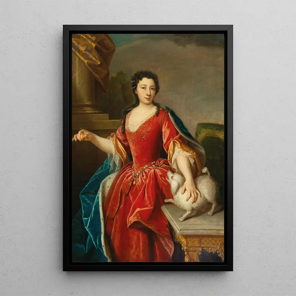 Portrait of a noble lady in ermine cloak with a dog - German School — framed artwork on a wall