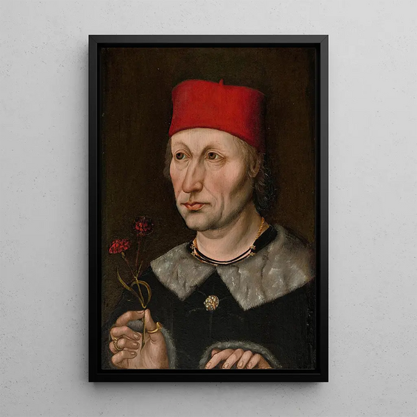 Portrait of a Man with a Red Hat - German School — framed artwork on a wall