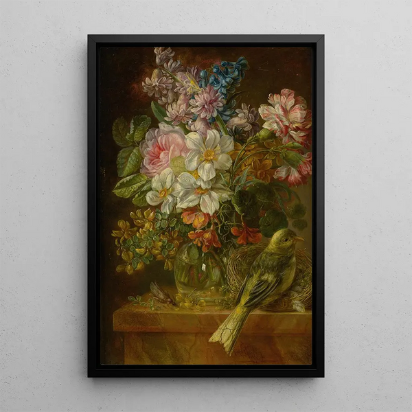 a still life with flowers, bird, and grasshopper on a ledge - German school — framed artwork on a wall