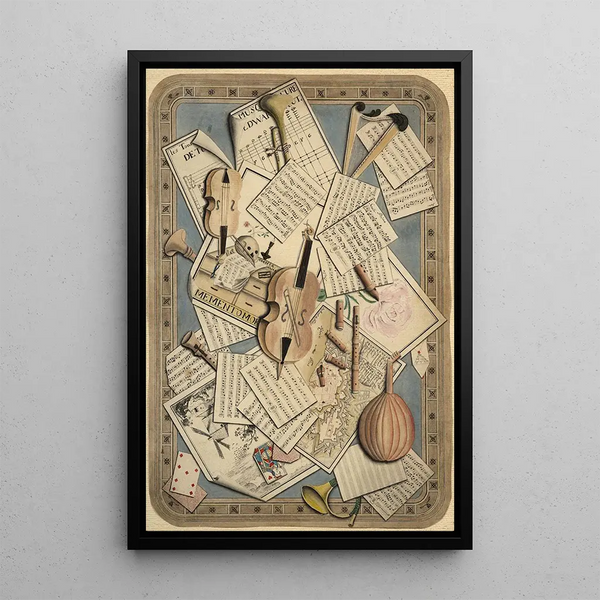 Trompe-l'œil of musical instruments and sheet music - German school — framed artwork on a wall