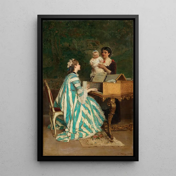 A young mother playing the harpsichord - Gerolamo Induno — framed artwork on a wall