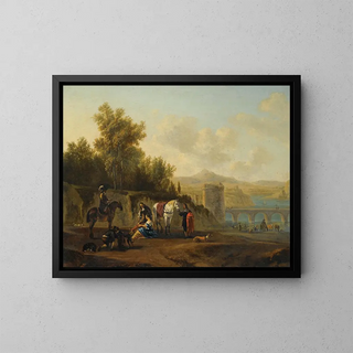 a vast Italian-style river landscape with travelers resting on a path - Gerrit Adriaensz Berckheyde — framed artwork on a wall