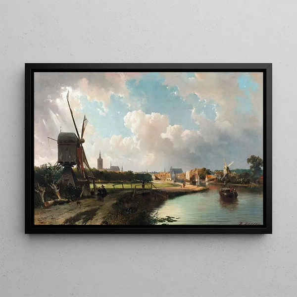 View of The Hague from the Delftse Vaart in the 17th century - Gerrit Adriaensz Berckheyde — framed artwork on a wall
