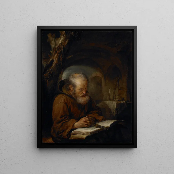 A hermit in prayer - Gerrit Dou — framed artwork on a wall