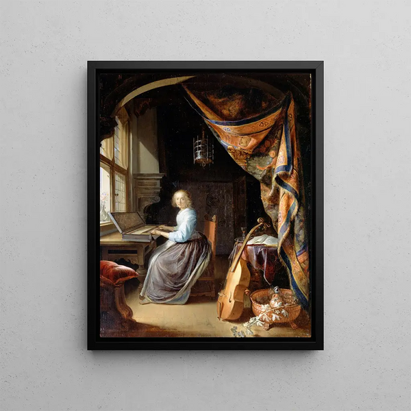 a woman playing the harpsichord - Gerrit Dou — framed artwork on a wall