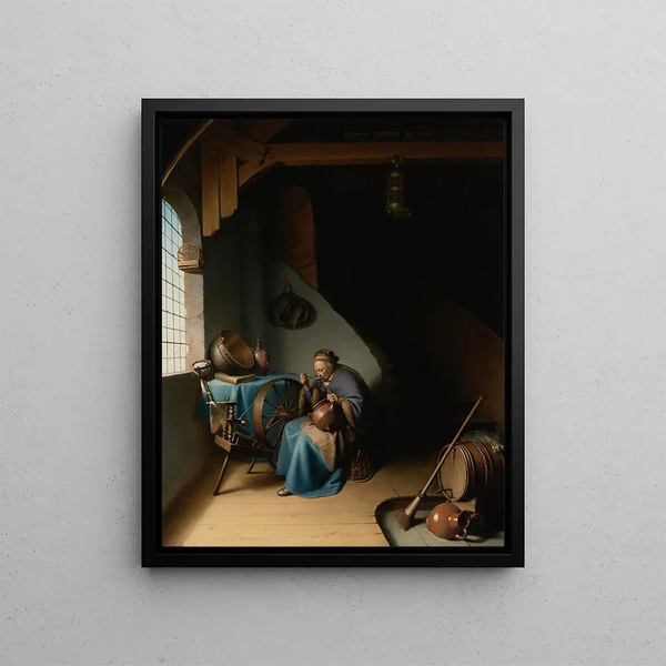 an elderly woman sitting near a window at her spinning wheel eating porridge - Gerrit Dou — framed artwork on a wall