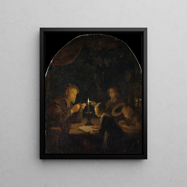 Une école du soir - Gerrit Dou — framed artwork on a wall