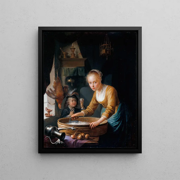 Girl Cutting Onions - Gerrit Dou — framed artwork on a wall