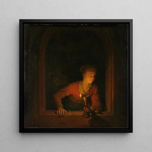 Girl with an oil lamp at a window - Gerrit Dou — framed artwork on a wall