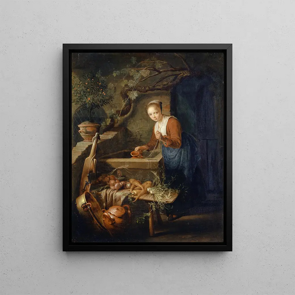 Woman with a Well - Gerrit Dou — framed artwork on a wall