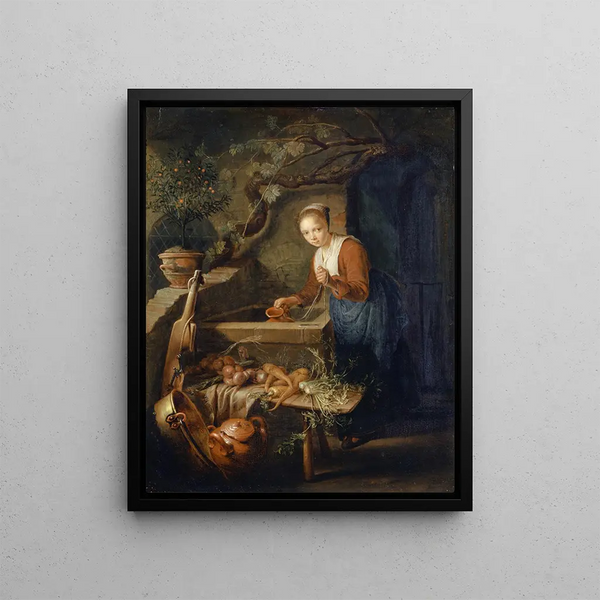The cleaning woman at the well (case conflict) - Gerrit Dou — framed artwork on a wall