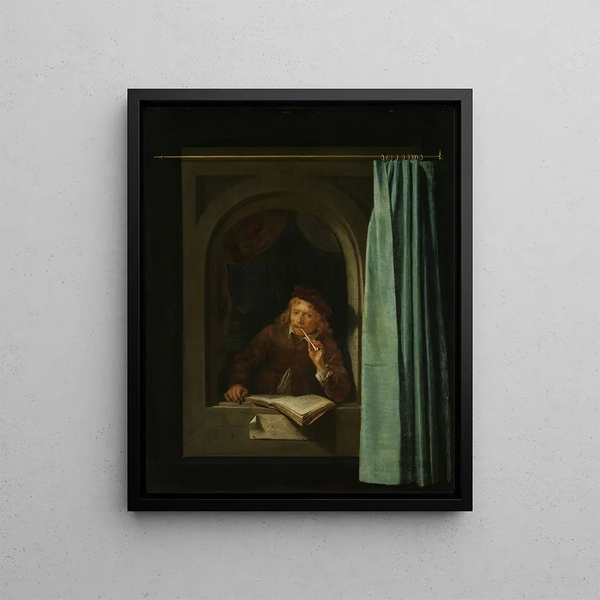 a man smoking a pipe - Gerrit Dou — framed artwork on a wall