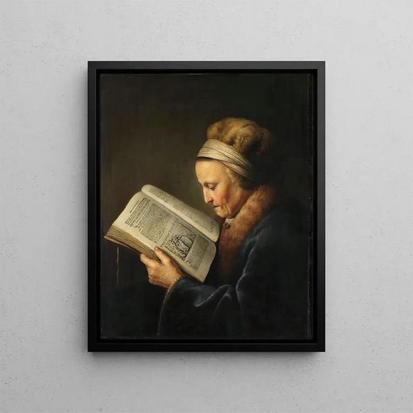 Old woman reading - Gerrit Dou — framed artwork on a wall