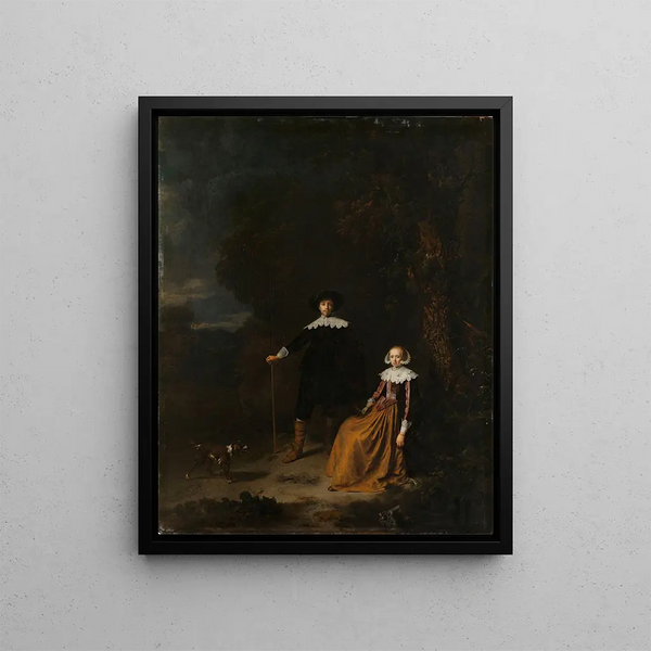 Portrait of a couple in a landscape - Gerrit Dou — framed artwork on a wall