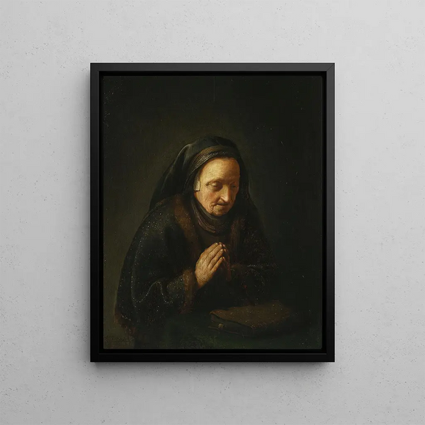 Old woman praying - Gerrit Dou — framed artwork on a wall