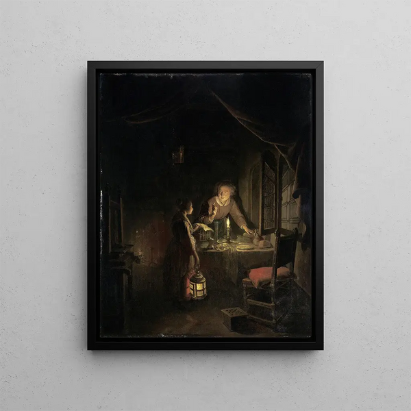 a woman tidying up the dinner table - Gerrit Dou — framed artwork on a wall
