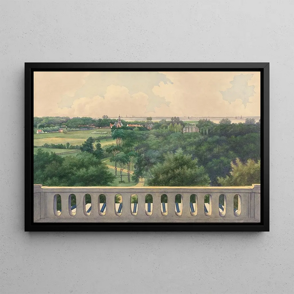 Boschbeek Groenendaal painting view from the turret towards Kamerlaan Heemstede and Amsterdam - Gerrit Jan Schouten — framed artwork on a wall