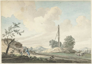 Gerrit Toorenburgh - Landschap bij de duinen met een mijlpaal en twee wandelaars.webp