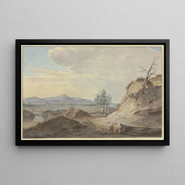 On the right, a sandy slope with a withered tree at the foot of which two women and two men converse - Gerrit Toorenburgh — framed artwork on a wall