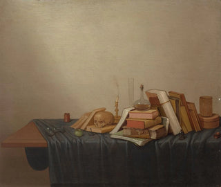 a Vanitas with books, a skull, a candle, and various objects on a table - Gerrit van Vucht — artwork view