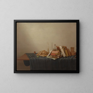 a Vanitas with books, a skull, a candle, and various objects on a table - Gerrit van Vucht — framed artwork on a wall