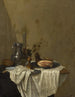 Nature morte with a pewter jug, goblets, and a ham together on a table draped with a white cloth - Gerrit van Vucht — artwork view