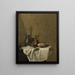 Nature morte with a pewter jug, goblets, and a ham together on a table draped with a white cloth - Gerrit van Vucht — framed artwork on a wall