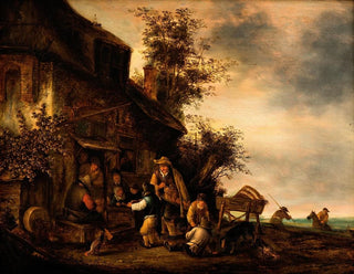 Scene with a hurdy-gurdy player and a boy violinist in front of a tavern - Gert van Hens — artwork view