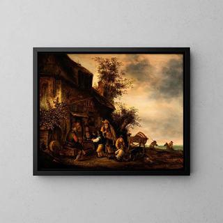 Scene with a hurdy-gurdy player and a boy violinist in front of a tavern - Gert van Hens — framed artwork on a wall