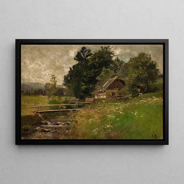 Cottage near a stream - Gertrud Staats — framed artwork on a wall