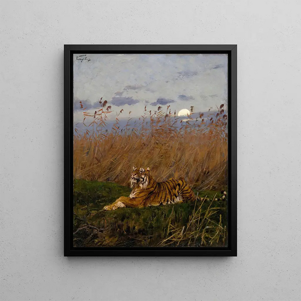 a tiger among the reeds in moonlight - Géza Vastagh — framed artwork on a wall