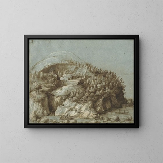 Landscape painting with ships - Gherardo Cibo — framed artwork on a wall