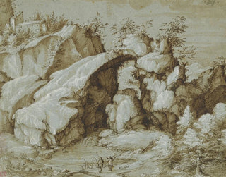 Landscape painting with a natural arch - Gherardo Cibo — artwork view