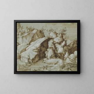 Landscape painting with a natural arch - Gherardo Cibo — framed artwork on a wall