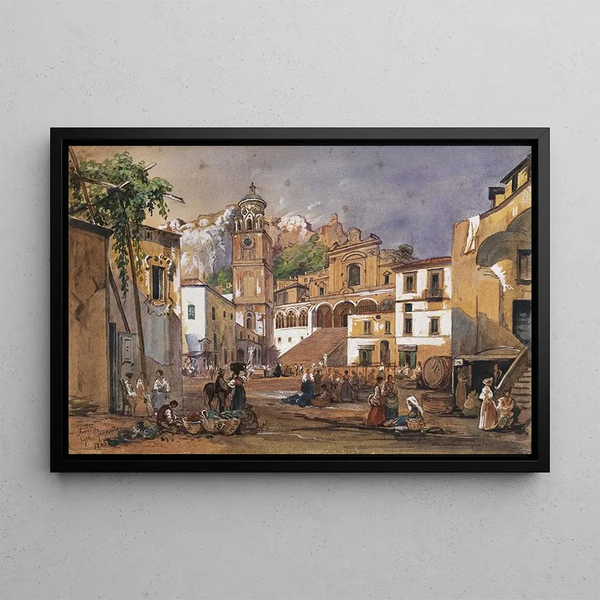 Market scene in Amalfi - Giacinto Gigante — framed artwork on a wall