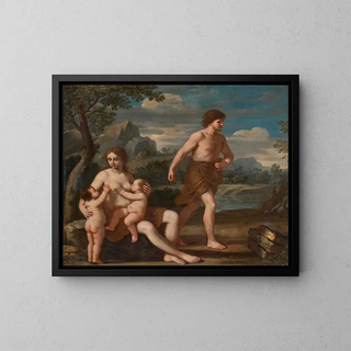 Adam and Eve with Cain and Abel - Giacinto Gimignani — framed artwork on a wall