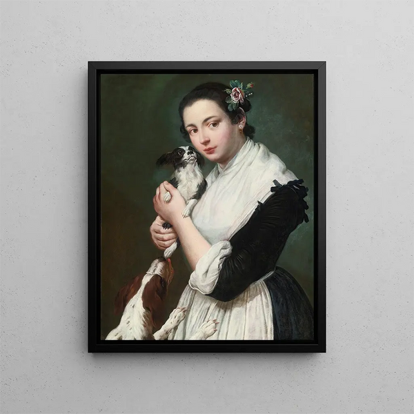 A young woman with two dogs - Giacomo Ceruti — framed artwork on a wall