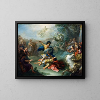 The combat between Aeneas and King Turnus in the Aeneid by Virgil - Giacomo Del Po — framed artwork on a wall