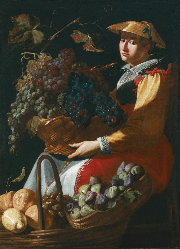 a lady selling fruits, including figs, lemons, and grapes - Giacomo Legi — framed artwork on a wall