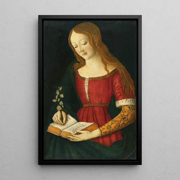 a young lady writing in a hymn book - Giacomo Pacchiarotto — framed artwork on a wall