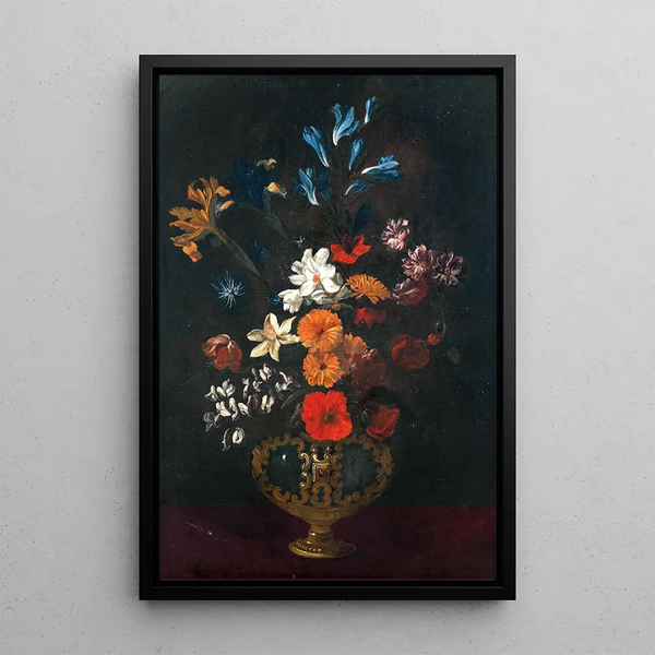 Flowers in a decorative vase on a table - Giacomo Recco — framed artwork on a wall