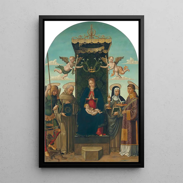 The Virgin and Child in Majesty with Saints Michael, Bernardine of Siena, Clare, and Stephen - Gian Giacomo d'Alladio — framed artwork on a wall