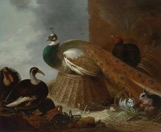 a peacock, a pair of ducks, rabbits, and a turkey in a landscape - Gijsbert Gillisz de Hondecoeter — artwork view