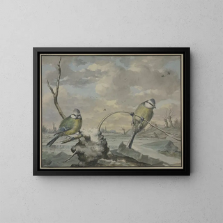 Two tits in winter - Gijsbertus Haasbroek — framed artwork on a wall