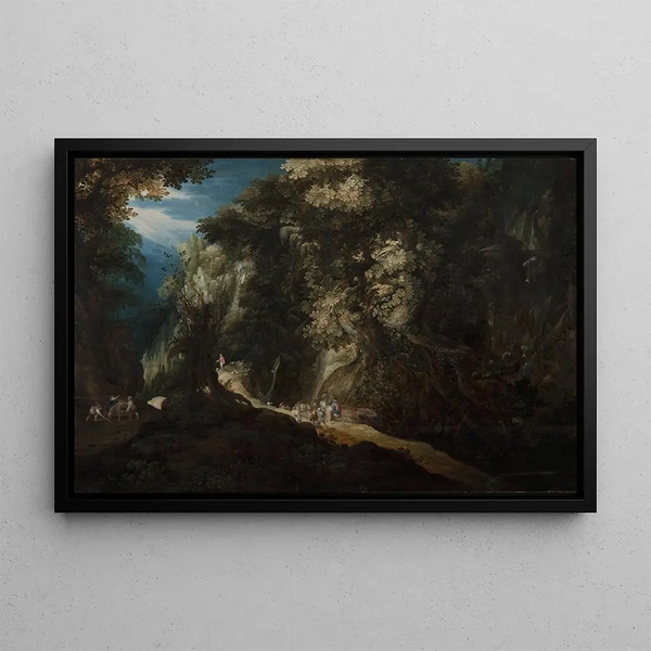 Mountain wooded landscape painting with waterfall and travelers - Gijsbrecht Leytens — framed artwork on a wall