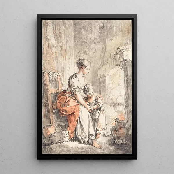 Woman and child in front of a fireplace - Gilles Demarteau the Elder — framed artwork on a wall
