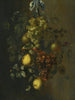 a painting featuring a garland of grapes, apples, and pears hanging from a nail with snails, butterflies, and a parrot - Gillis Gillisz de Bergh — artwork view