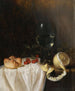 Nature morte with a Roemer, peeled cherries with lemon, and a small bread on a partially draped table - Gillis Gillisz de Bergh — artwork view