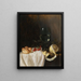 Nature morte with a Roemer, peeled cherries with lemon, and a small bread on a partially draped table - Gillis Gillisz de Bergh — framed artwork on a wall
